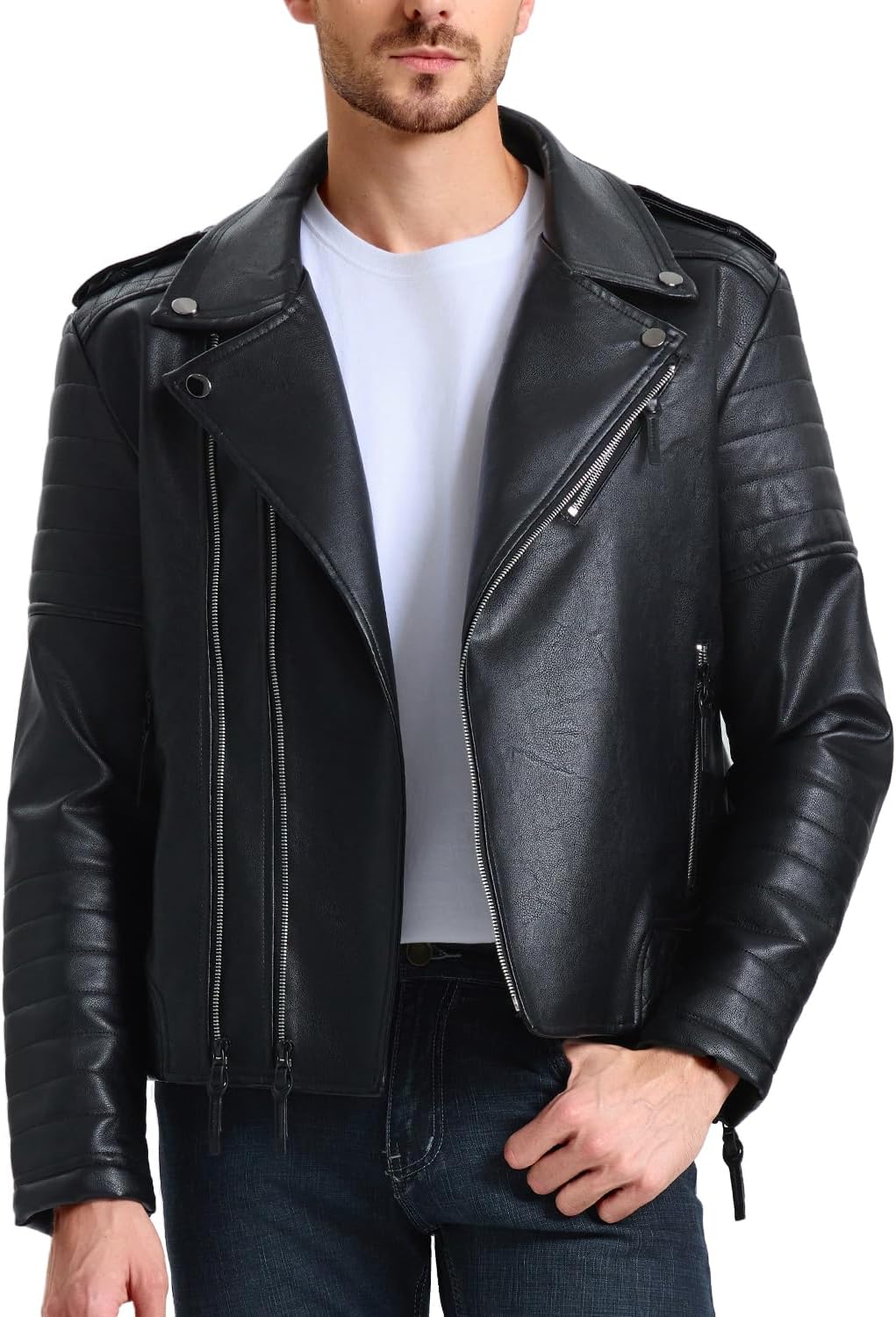 mens leather jackets faux bomber jacket for men motorcycle lapel asymmetric zip up slim fit biker coat