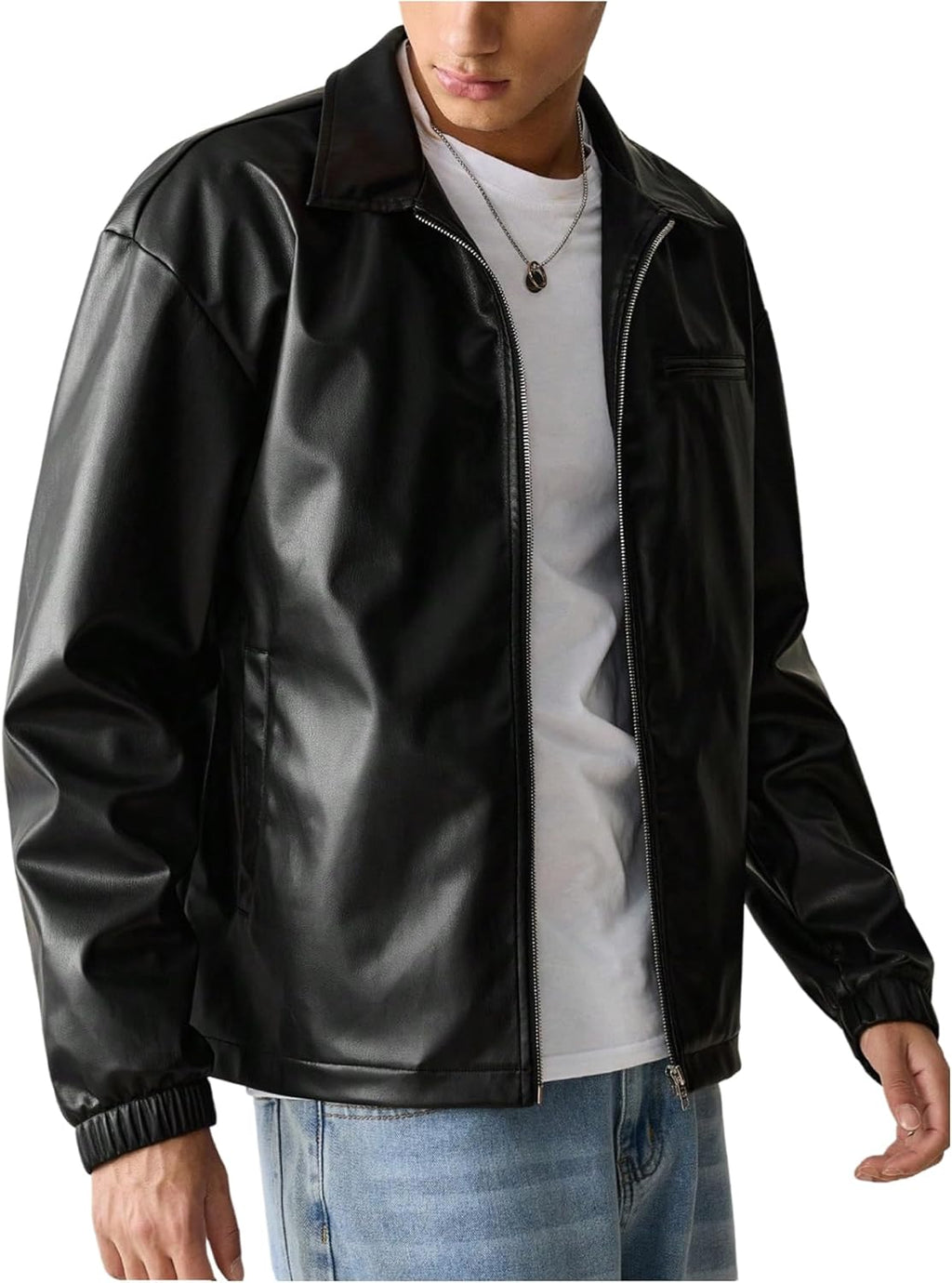 mens faux leather jacket collar zip up motorcycle pu jackets lightweight outerwear biker vintage coat