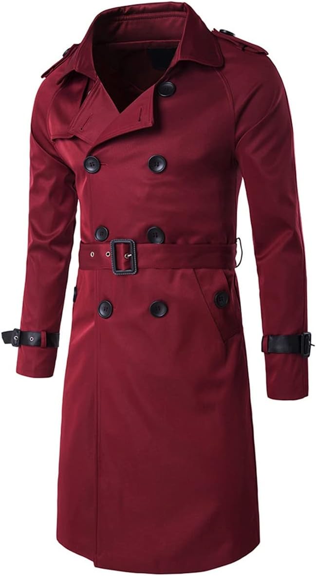 mens double breasted trench coat stylish slim fit mid long belted windbreaker
