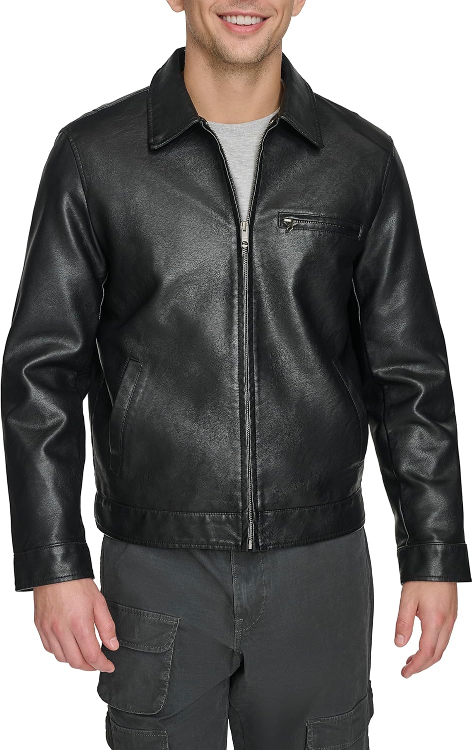 mens faux leather laydown collar racer jacket