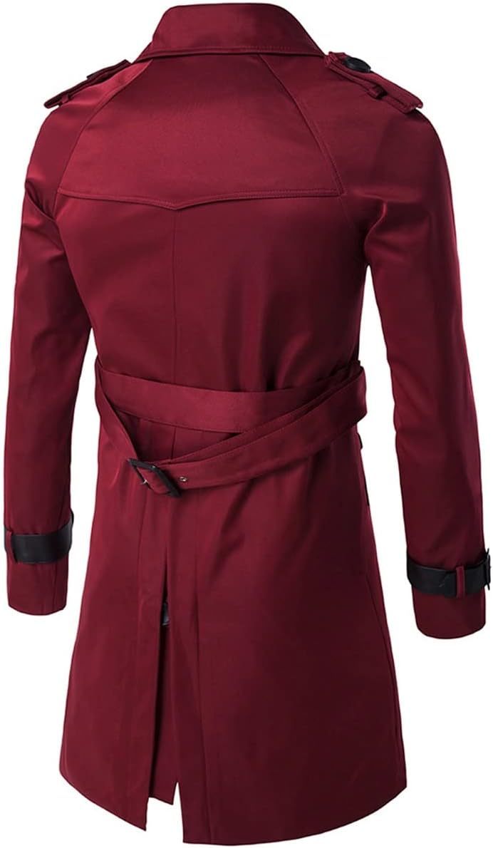 mens double breasted trench coat stylish slim fit mid long belted windbreaker