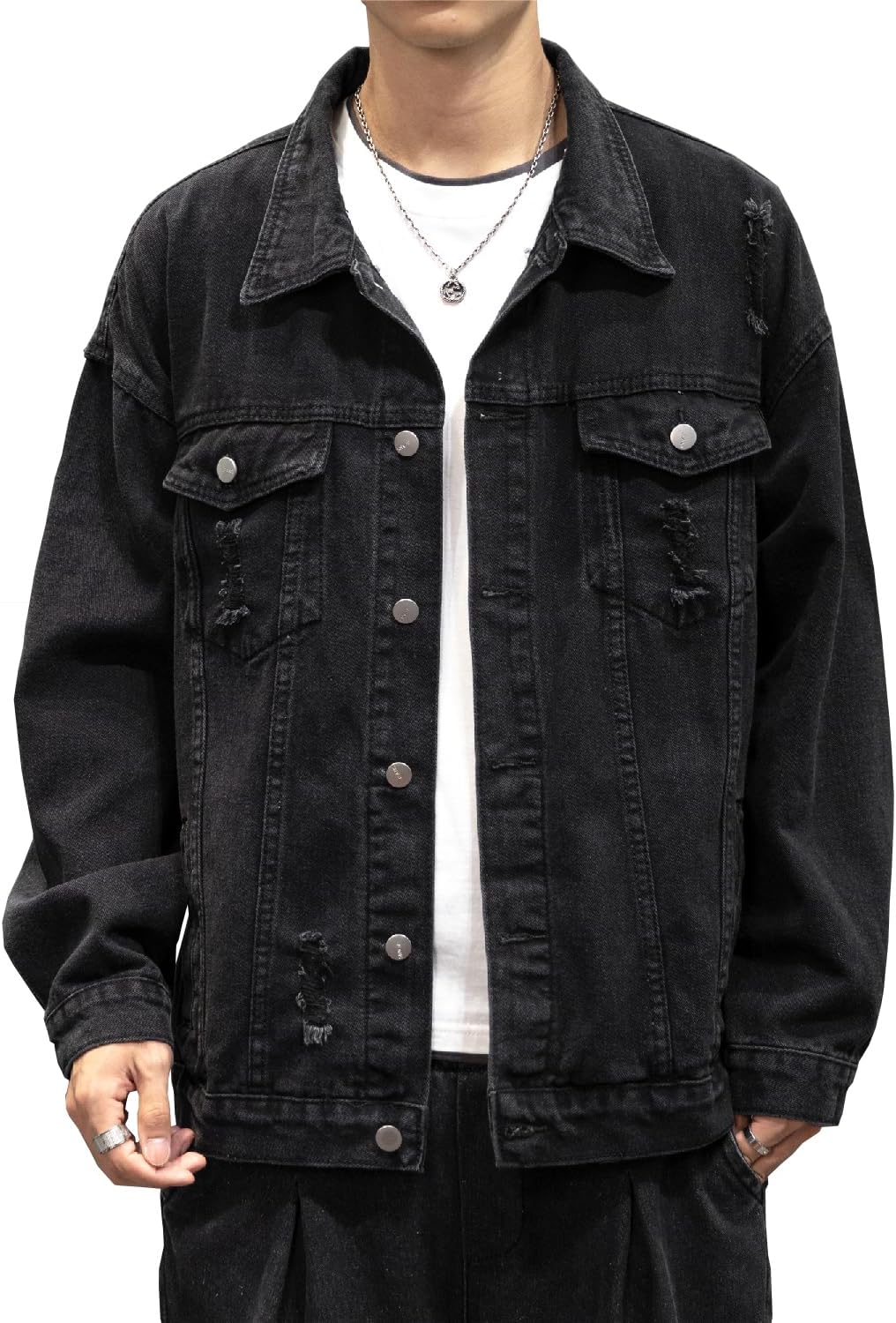 mens distressed denim jacket casual vintage rugged trucker coat